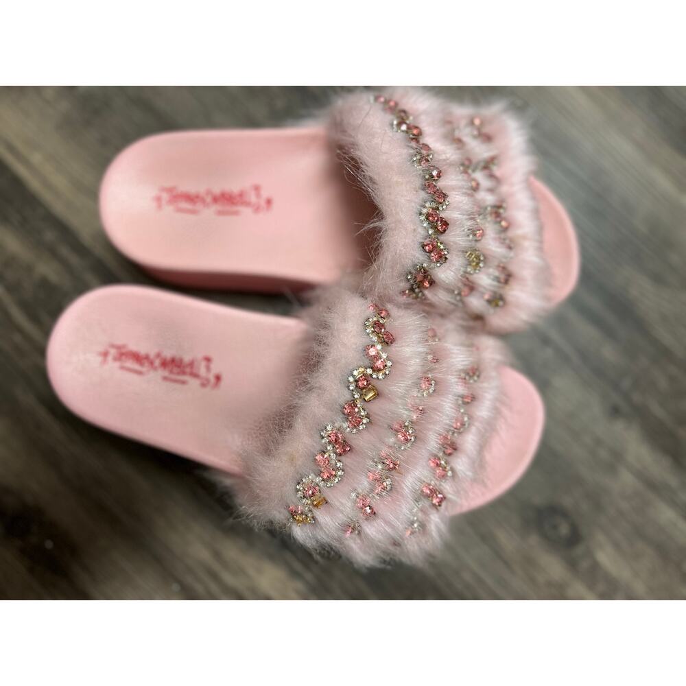 Jeffrey Campbell Edie Slide Sandal Pink Fur Jeweled Slip-On Slides Glam Cozy 8